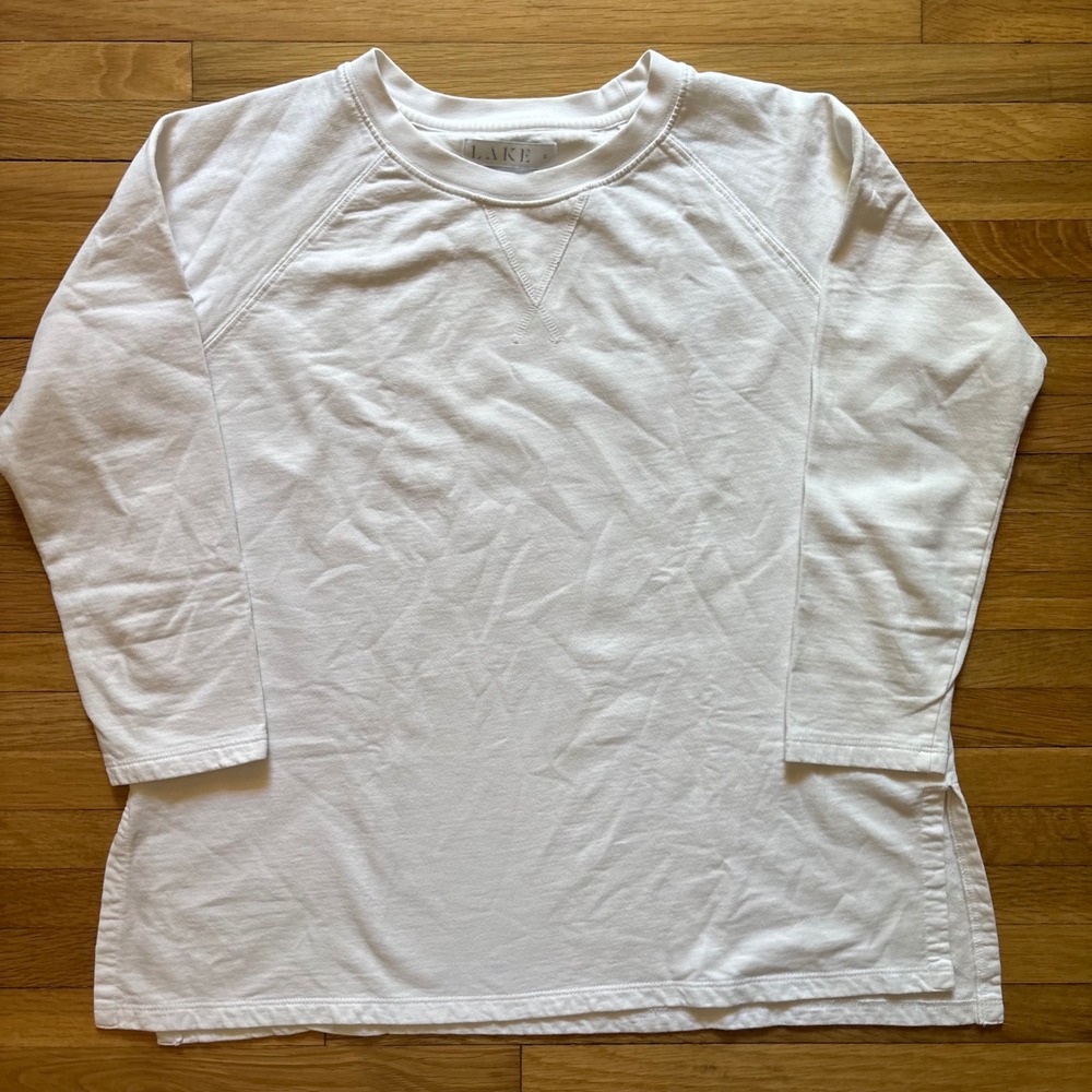 Lake Pajamas White 100% Cotton 3/4 Sleeves Pullover Sweatshirt Cozy Side Slits